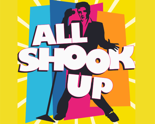 Neon yellow background with black and white image of Elvis dancing.